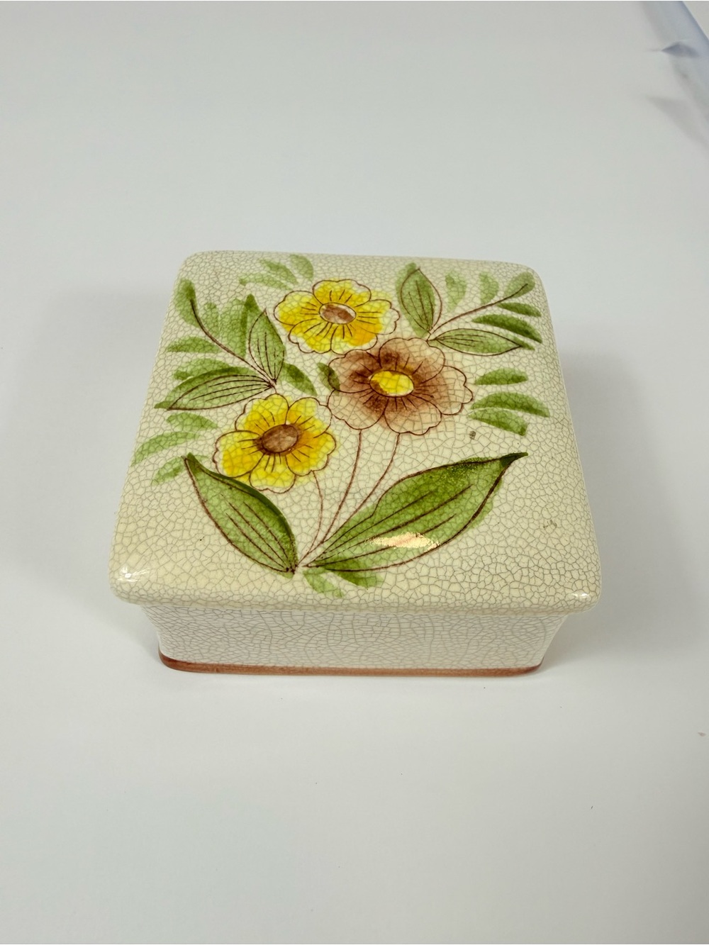 Vintage Porcelain Trinket Square Box W/Lid Floral Crackle Glaze Made In Japan